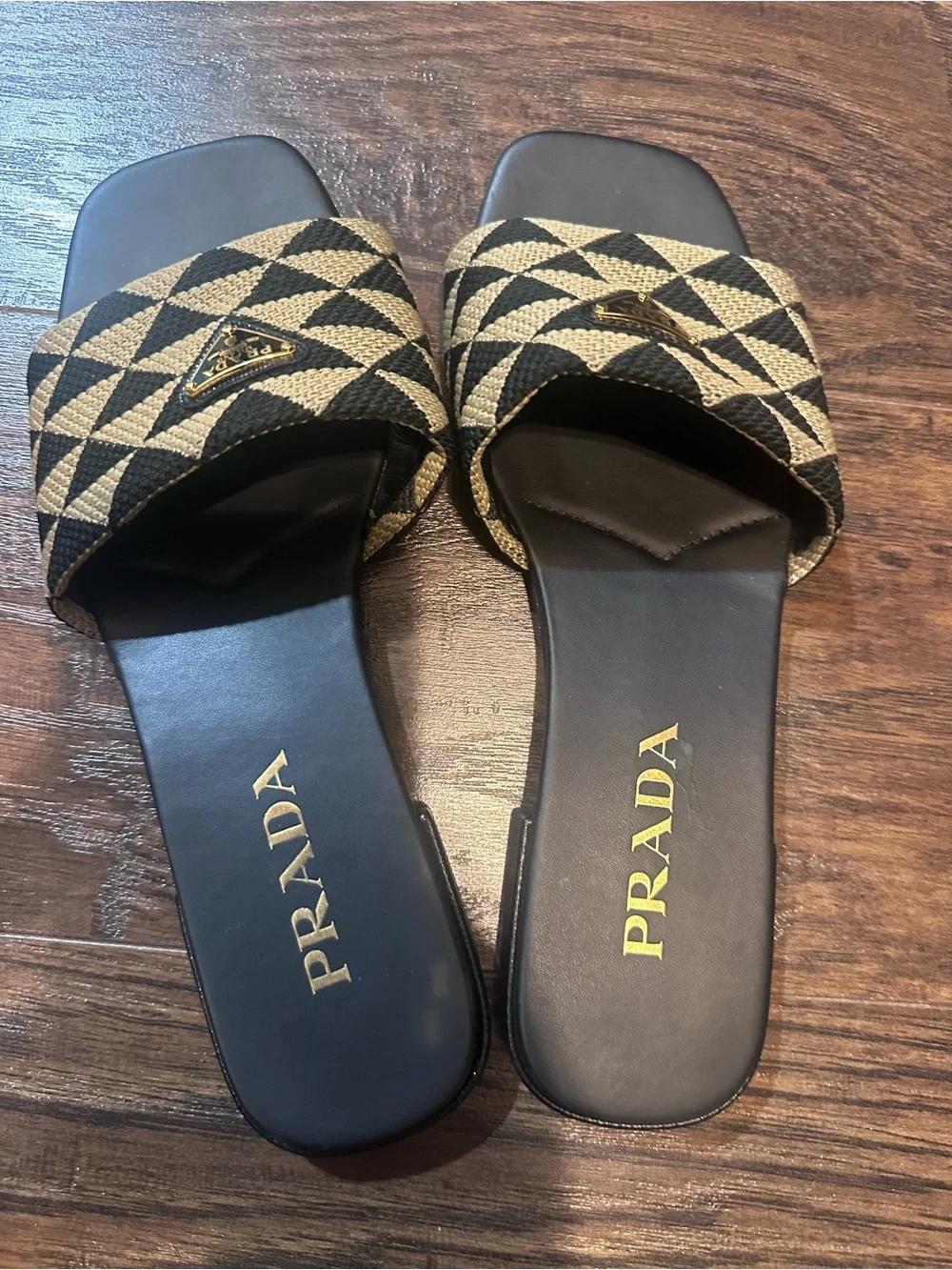 PRADA Women’s Black and Tan Geometric Slide Sandals